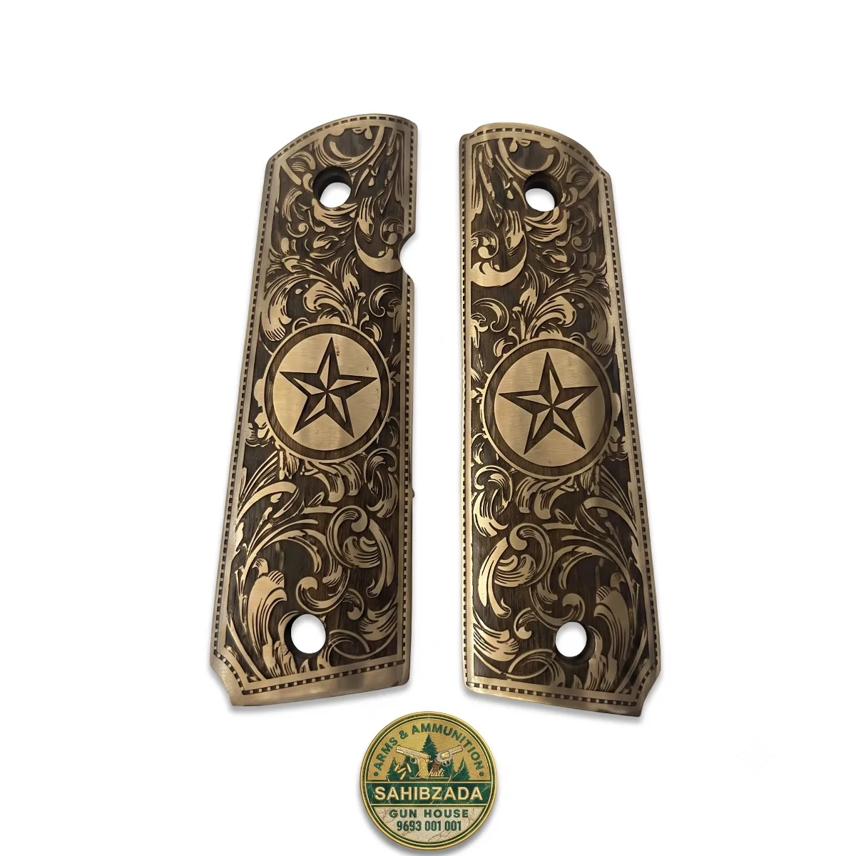 1911 Air Pistol Metal Brass Grip Panels – Dark Gold Engraved Grips - Premium Star Strips