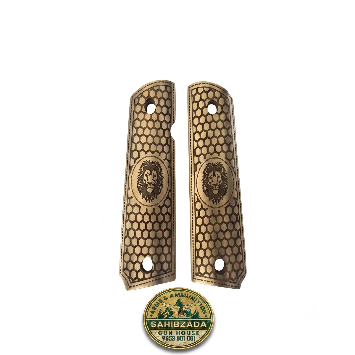 1911 Air Pistol Metal Brass Grip Panels – Dark Gold Engraved Grips - Lion Face