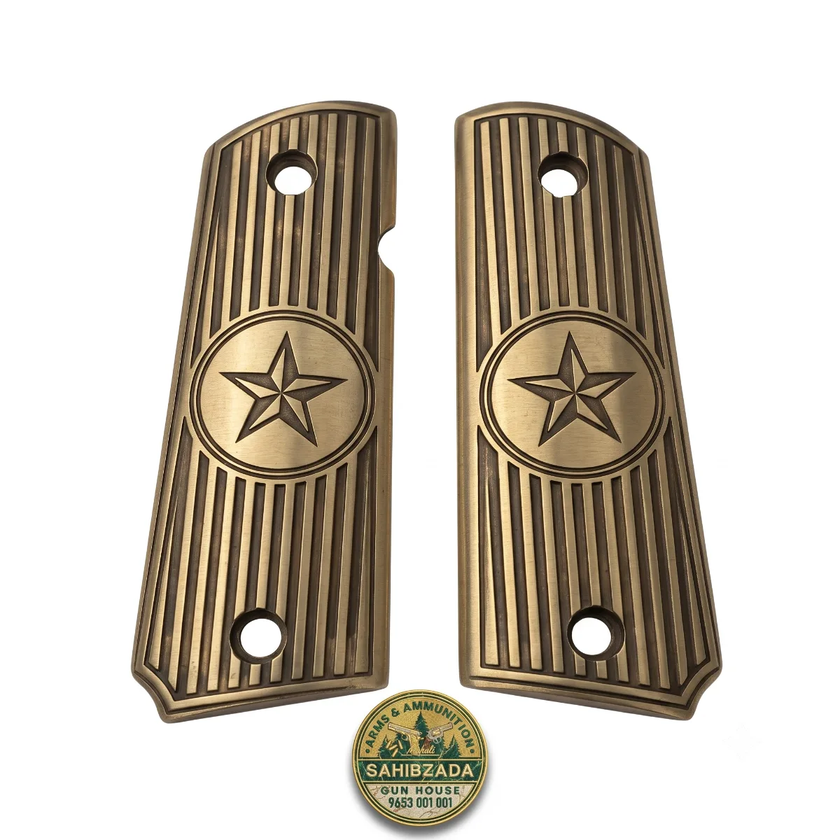 1911 Air Pistol Metal Brass Grip Panels – Dark Gold Engraved Grips - Star Strips